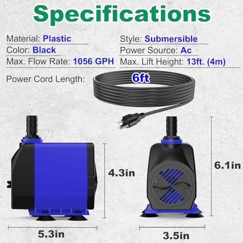 Knifel Submersible Water Pump 1056GPH Pond Pump for Fountains - size: 1056GPH Adjustable flow