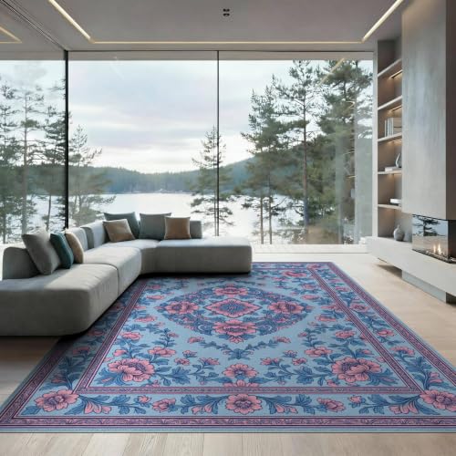 8'x10' Pink Blue Chinoiserie Floral Medallion Washable Area Rug - color: Blue/Pattern 10, size: 8' x 10' (Rectangular)