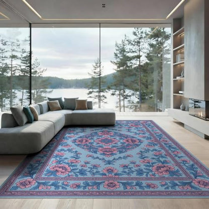 8'x10' Pink Blue Chinoiserie Floral Medallion Washable Area Rug - color: Blue/Pattern 10, size: 8' x 10' (Rectangular)