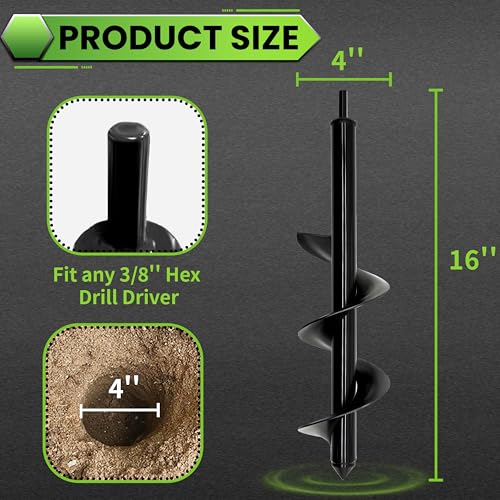 4"X16" Heavy-Duty Auger Drill Bit for Planting - Garden Spiral Drill Bit - Bulb Planter Tool & Post Hole Digger - 3/8" Hex Drive - size: 4"x16"