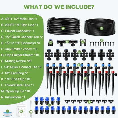240FT Quick-Connect Drip Irrigation System - size: 40FT 1/2”(OD) Tube + 200FT 1/4”(OD) Tube