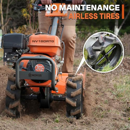 NOVUS 18-Inch Dual Direction Rear Tine Tiller, 212cc 4-Cycle Gas Engine, Full Gear Transmission, Dual Rotating Tines, Airless Tires Gas Tiller for Small to Large Gardens