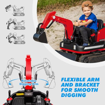 JOYLDIAS 360 Degree Rotating Ride On Excavator and Bulldozer - color: Red
