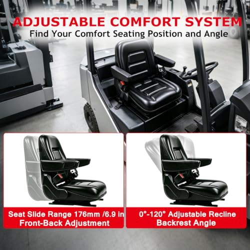Universal Seat with Micro Switch, Armrest & Safety Belt – Heavy Duty Replacement for Forklift, Tractor, Skid Loader, Telehandler, Backhoe, Excavator, Dozer, Mower