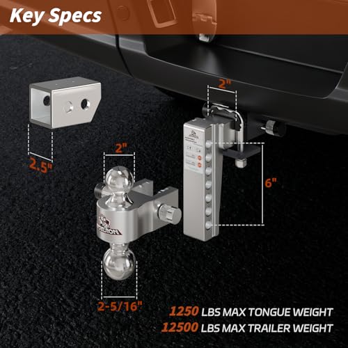 Adjustable Aluminum Hitch Mount for 2.5" Receiver, 6" Drop/Rise - size: 2" & 2.5" w/ Sleeve, 6" Drop/Rise