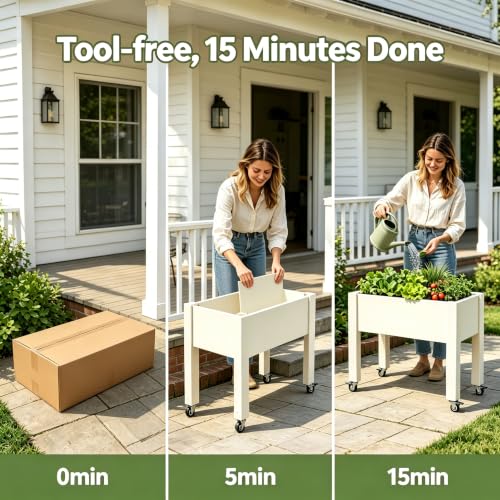 Elevated Raised Garden Bed with Wheels，74" Planter Outdoor Plants,White - color: White, size: 26.3"h