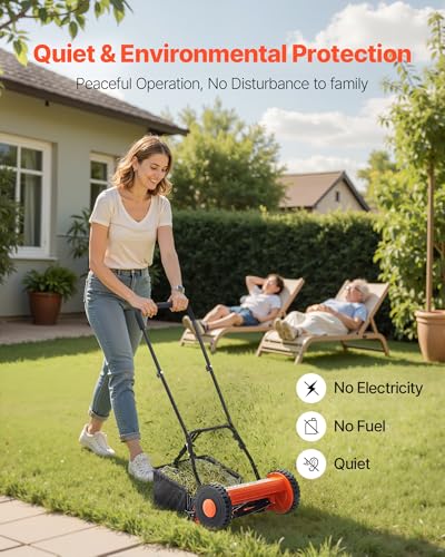 VEVOR Push Reel Lawn Mower 14 inch, 5 Blades Manual Push Mower No Motor, 0.6-1.75 in Adjustable Cutting Height, Walk-Behind Lawn Mowers with Grass Catcher Bag for Green Lawns, Driveways, Courtyards - size: 14 inch