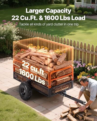 VEVOR 22 Cu.Ft 1600Lbs Steel ATV UTV Trailer Tow Behind Dump Cart, Heavy Duty Pull Behind Utility Dump Trailer for Lawn Mower Trailer Tractor Garden Yard with Removable Rear Panel | For Lawn Mower Tractor Garden Yard, Hand-Pull or Foot-Step, Heavy Duty Pu