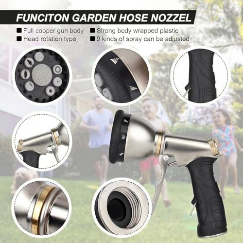 Garden Hose Nozzles,9 Spray Patterns Heavy Duty Metal Hose Sprayer Nozzle | Hose Nozzle Spray High Pressure Slip Resistant Water Sprayer for Plants & Lawns Watering,Car Washing and Pet Showering Gray - color: Gray