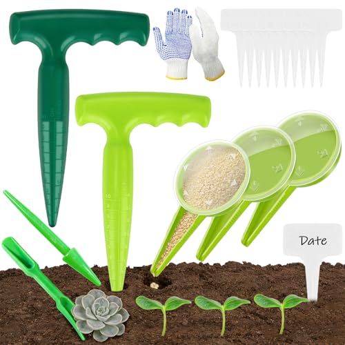 Mini Seed Spreader, 19 Pcs Seed Planter Tool Dispenser for Small Seeds, Hand Seeder Spreader with Plant Labels, Ergonomic Plastic Dibber Garden Tool and Gloves for Lawns