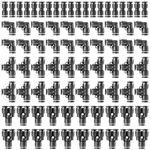 TAILONZ 1/4" Push to Connect Fitting Splitters+Elbows+Tees+Straight 80pcs - color: Black, size: 1/4"OD/80PCS
