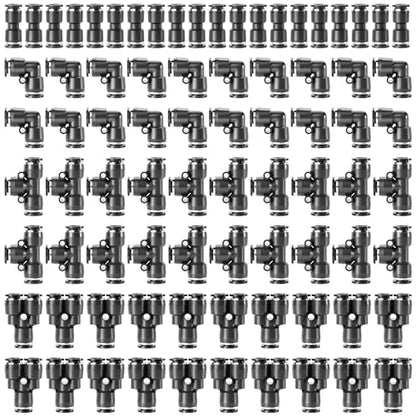 TAILONZ 1/4" Push to Connect Fitting Splitters+Elbows+Tees+Straight 80pcs - color: Black, size: 1/4"OD/80PCS