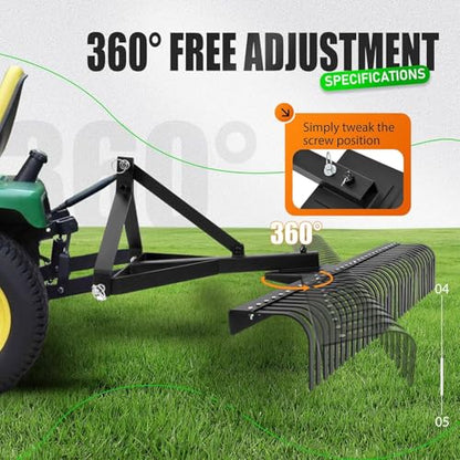 KUAFU 60" 3 Point Landscape Rake Rotation Compatible with Category 1 - style: Black