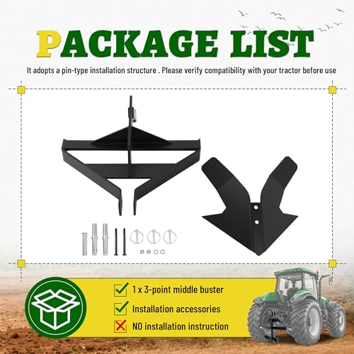 3 Middle Buster Plow Compatible with Category 1 3-Point Quick Hitch