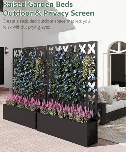 2PCS Metal Planter Box with Trellis,70.9"x47.2"x15.7" Raised Garden Bed with Drainage Holes, Privacy Planters for Outdoor Garden Bed for Climbing Plants,Vegetables,and Vines, Black-X - color: Black