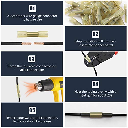 50PCS Heat Shrink Butt Wire Connectors 12-10 AWG, Insulated Waterproof Electrical Wire Connectors Automotive Marine Grade Wire Crimp Terminals Butt Splices, Ideal for Boat, Truck, Yellow - size: 12-10 AWG - Yellow 50 PCS