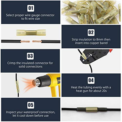 50PCS Heat Shrink Butt Wire Connectors 12-10 AWG, Insulated Waterproof Electrical Wire Connectors Automotive Marine Grade Wire Crimp Terminals Butt Splices, Ideal for Boat, Truck, Yellow - size: 12-10 AWG - Yellow 50 PCS