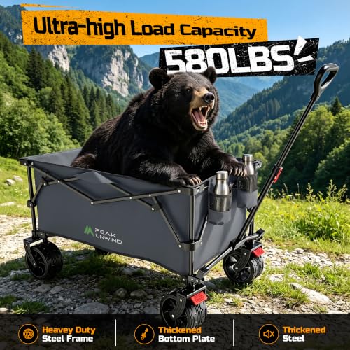 400L Folding Wagon Cart with Brakes & Removable Table, 500lbs Heavy Duty Collapsible Wagon, Big All-Terrain Wheels for Camping, Sports, Grocery, Outdoor - Gray - color: Gray-big