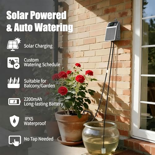 Solar Automatic Drip Irrigation System, DIY Self Watering System with Timer, 10m/33FT Hose, Solar Powered Auto Irrigation Kit for Greenhouse Accessories for Yard, Lawn