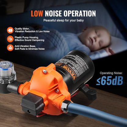 VEVOR 12V Diaphragm Pump, 1.8 GPM (6.81 L/min), 3-Chamber 12 Volt DC Water Pump with Automatic Pressure Switch 40-100 PSI Adjustable, 60 PSI, 1/2'' MNPT Port, for RV Yacht Food Truck Camper Marine - size: 12V, 1.8GPM, 60PSI(Adjustable)