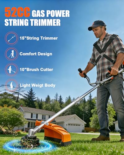 Upgraded Gas Weed Eater, 52CC Weed Wacker Gas Powered, 2-Cycle Engine String Trimmer Easy Start Comfortable Handle and Double Shoulder Straps for Garden Lawn Edge Trimming