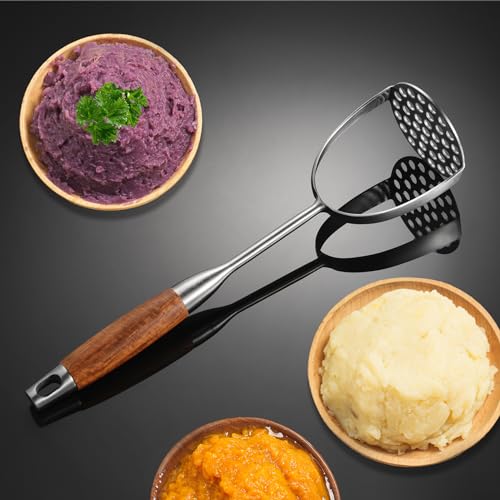 Potato Masher Stainless Steel, Manual Mashed Potato Masher,Wooden handle Potatoes Smasher Kitchen Tool for Avocado,Potatoes, Vegetables, 13.5Inch Long handle Large Heavy Duty Metal Mashing Utensil - size: Brown wooden handle large