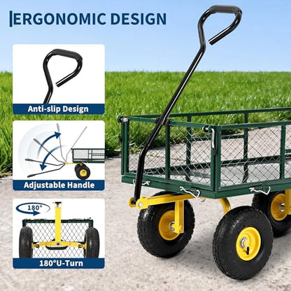 Patikuin 900 lbs Heavy Duty Steel Garden Cart Wagon – 2-in-1 Convertible Flatbed Utility Yard Wagon with Removable Mesh Sides, 180° Rotating Handle, 10" Tires – for Gardening, Lawn, Soil, Green - color: Green, size: 900 Lbs