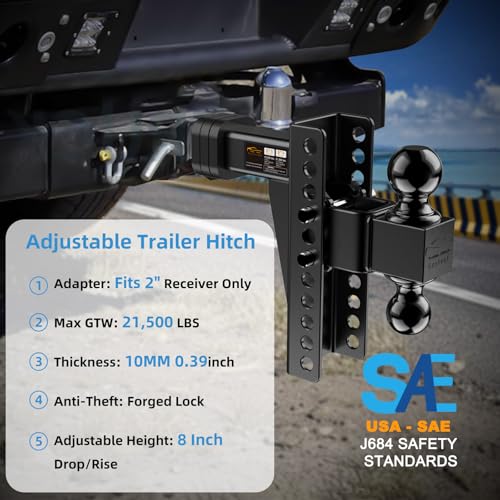Adjustable Trailer Hitch -Drop Hitch Fit 2" Receiver - 8" Drop/Rise - size: 8 Inch Drop Hitch