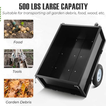500LB Heavy Duty Steel Dump Cart Trailer for ATV, 11.4 Cu.Ft Utility Wagon with Removable Sides, Ideal for Lawn Mower, Tractor, UTV, Rugged Tow Behind Garden Cart - size: 500 lbs