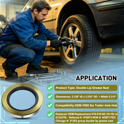 4pack 010-010 Double Lip Grease Seal 2.125" x 3.376" 21333TB for Dexter | Grease Seals & Cotter Pins Fits 5,200–6,000 lb Trailer Axles, #42 Spindle – Replaces Dexter DL-2125-03, 21333TB Spindle - color: 2.125”ID x 3.376”OD, size: 4 pack