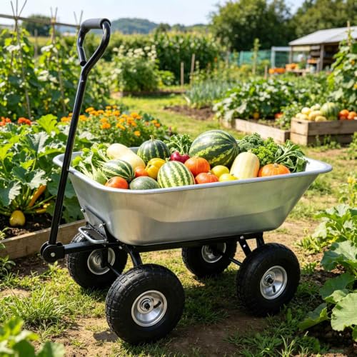 300LB Steel Garden Dump Cart 4-Wheel Wagon Poly Tray 55L Silver Tilting Bed