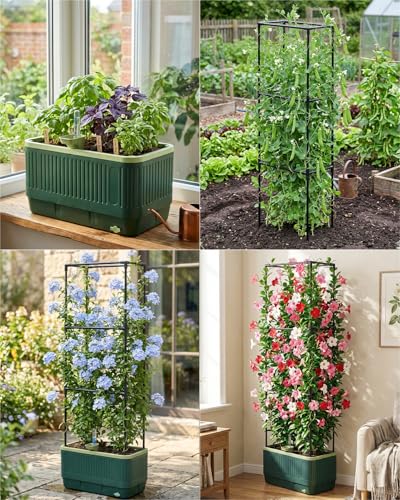Raised Garden Bed Planter Box with Trellis, Self Watering Tomato Planters for Climbing Plants, Tomato Cage Trellis for Vegetables & Vine Flowers Indoor Outdoor Patio (Dark Green, 51.2In(2PCS)) - size: 51.2In(2PCS)