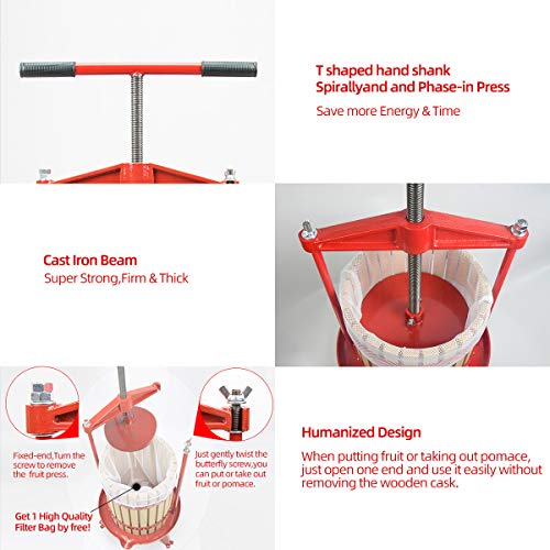 SQUEEZE master Fruit Wine Cider Press - Solid Wood Basket- 4.75 Gallon/18L-T Handle Bar -Fruit Apple Wine Classic Crusher -7 Litre/1.8Gallon Manual Grinder