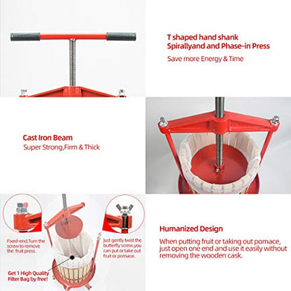 SQUEEZE master Fruit Wine Cider Press - Solid Wood Basket- 4.75 Gallon/18L-T Handle Bar -Fruit Apple Wine Classic Crusher -7 Litre/1.8Gallon Manual Grinder