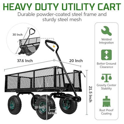 Taifa Heavy Duty Utility Steel Garden Cart 880 Lbs Capacity with Detachable Side Panels Convert to Flatbed for Yard Lawn and Farm, Metal Wagon with 180° Rotating Handle, Black - size: 880LBS