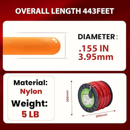 155" Square Commercial Trimmer Line 5LB Red 443FT Spool - size: 0.155"