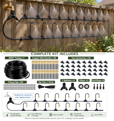 Drip Irrigation System 200FT 1/4", 36 Adjustable Copper Nozzles - color: 200ft