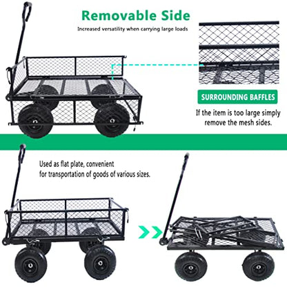 Steel Garden Cart, 2-in-1 600 lbs Heavy Duty Utility Wagon, with Removable Mesh Sides to Convert into Flatbed, 240° U-Turn 10" Pneumatic Tires Garden Wagon for Farm Yard Lawn Garden Camping (black) - color: Black