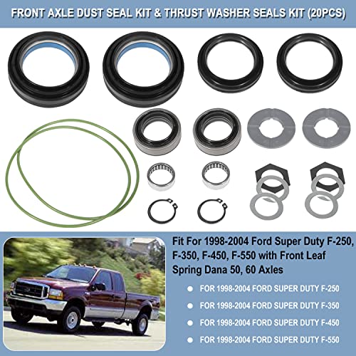 Outer Axle Dust Seal & Inner Tube Seal & Needle Bearing & Snap Ring & Thrust Washer Seals Kit Fit For Ford Super Duty Excursion F250 F350 F450 With Dana 50 60 Front Axle 1998-2004 - size: 20 PCS Seals Kit For Ford F250 F350 (1998-2004)