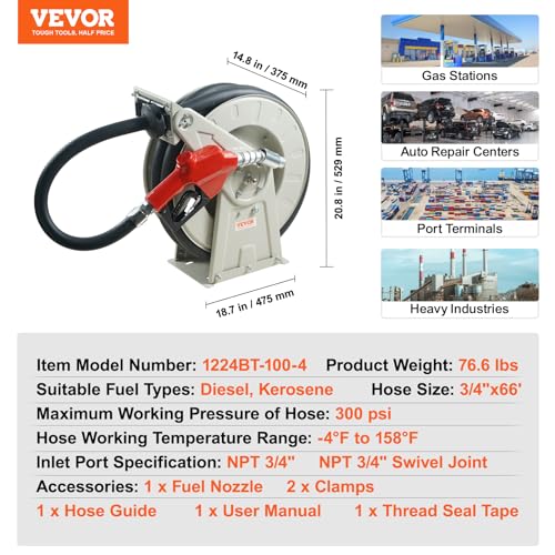 VEVOR Fuel Hose Reel, 3/4 inch x 66 ft Retractable, Spring Driven Auto Swivel Rewind, 300 PSI, Heavy-Duty Carbon Steel Construction with Industrial Grade Rubber Hose, for Diesel Fuel, Kerosene - color: 3/4" 60 Ft