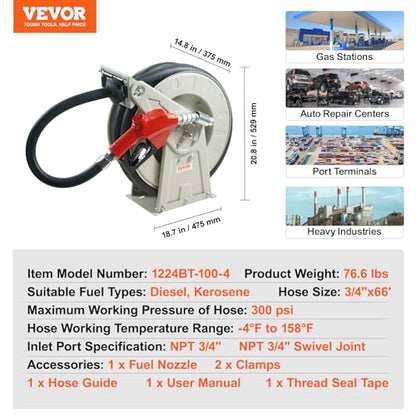 VEVOR Fuel Hose Reel, 3/4 inch x 66 ft Retractable, Spring Driven Auto Swivel Rewind, 300 PSI, Heavy-Duty Carbon Steel Construction with Industrial Grade Rubber Hose, for Diesel Fuel, Kerosene - color: 3/4" 60 Ft