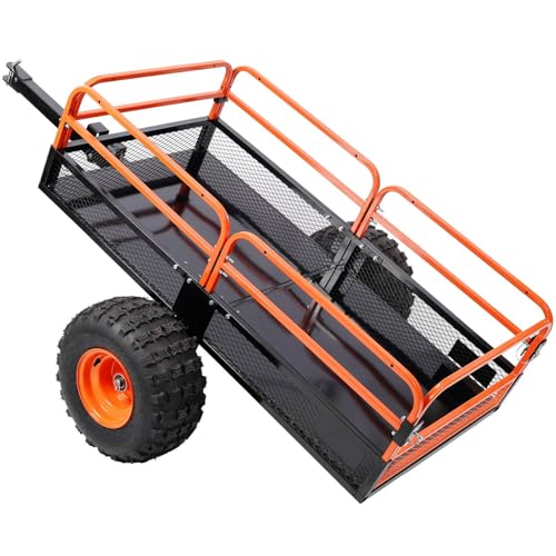 Heavy-Duty Tow-Behind Dump Cart 1500 Lbs Capacity Steel Bed ATV UTV Lawn Mower Tractor Trailer - 18x8.5 Tires, Removable Rails, 82.5" L Hauling Garden Farm, Orange
