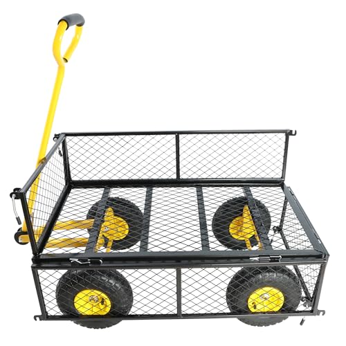 Garden Cart On Wheels, Utility Wagon with Heavy Duty 500 lbs Capacity, 180° Rotating Handle, Removable Mesh Sides to Convert into Flatbed, 10" Flat Free Tires, Perfect for Garden, Farm, Yard - color: A-black+yellow