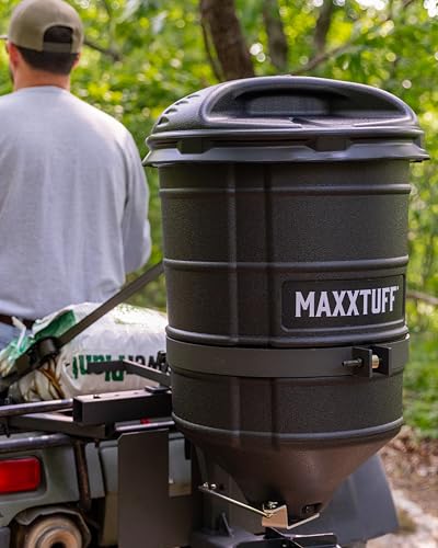 MAXXTUFF ATV Spreader with Manual Feed Gate, 100 lb Capacity Broadcast Seeder, 12V Motor, Spreads Seed, Fertilizer & Corn, Universal ATV Mount with Quick-Release & Deflection Shield