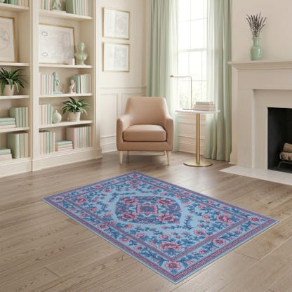 4'x6' Pink Blue Chinoiserie Floral Medallion Washable Area Rug - color: Blue/Pattern 10, size: 4' x 6' (Rectangular)