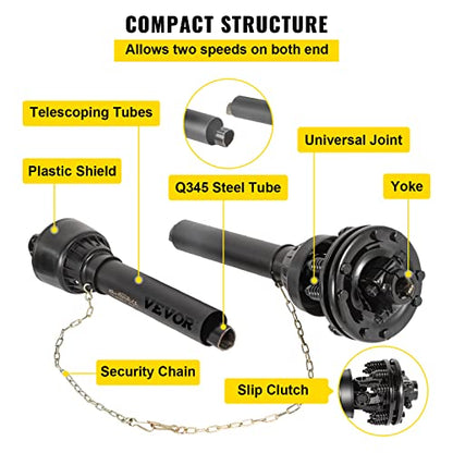 VEVOR PTO Shaft, 1-3/8" 6 Spline Tractor and Implement Ends PTO Driveline Shaft, Series 4 Tractor PTO Shaft, 43"-59" Brush Hog PTO Shaft with Slip Clutch Black, for Finish Mower, Rotary Cutter - size: 43"-59"