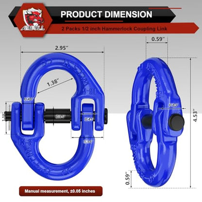 2 Pack 1/2" Safety Chain Connector Link, G80 Tow Hitch Hammerlock Coupling Link, Tow Chain Connector with 12000 lbs Loading (Blue) - color: Blue
