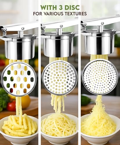 Large 15oz Potato Ricer with 3 Discs - Heavy Duty Stainless Steel Potato Masher and Ricer for Mashed Potatoes | Non Slip Baby Food Squeezer, Kitchen Gadget Tool for Food Press & Food Mill - size: Three Discs