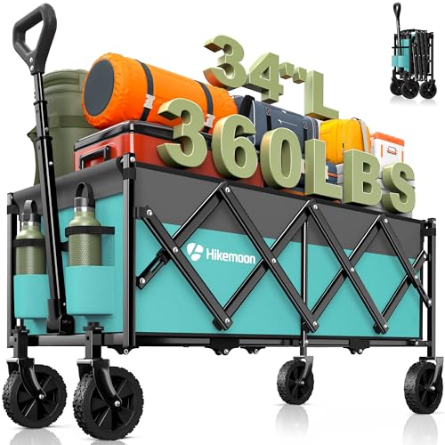 HIKEMOON 34'' Extra Long Folding Portable Wagon, 120L 360LBS Turquoise - color: Turquoise