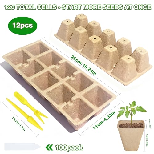 120 Cells Seed Starter Tray, 12 Pack Germination Peat Pots with 100 Labels, Plant Starter Kit for Seedlings